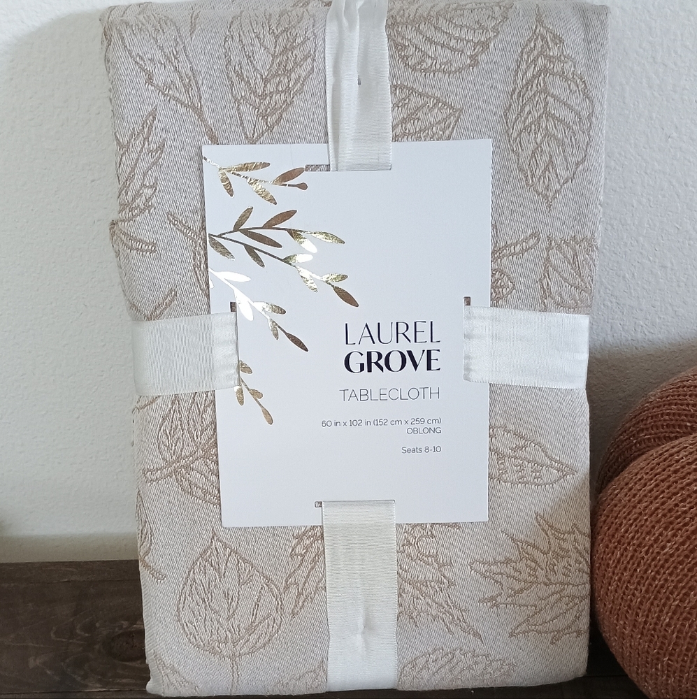 NEW Laurel Grove Fall Leaves Fabric Tablecloth Tan 60"x102" Thanksgiving Table